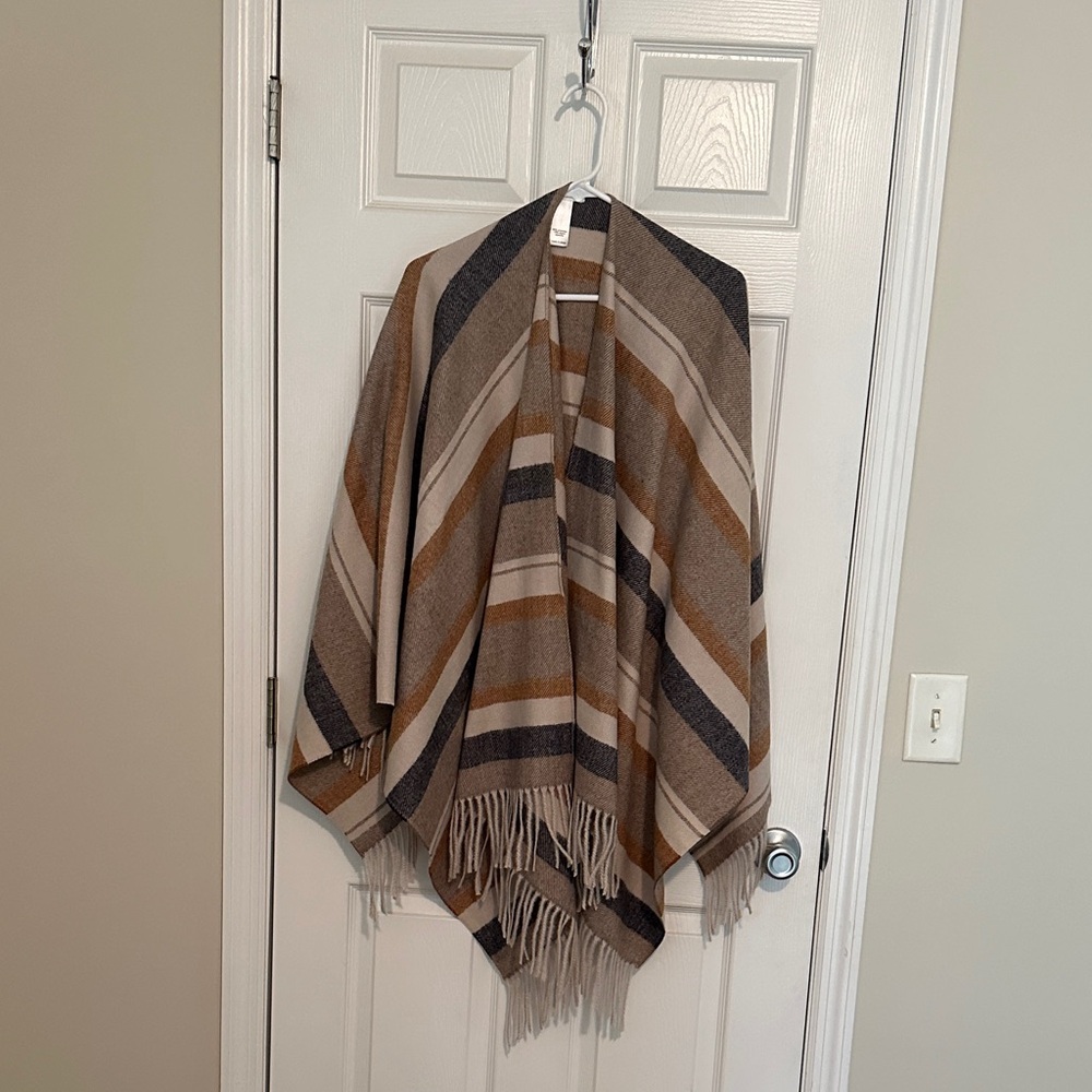 Maurices Striped Fringe Poncho in Brown, Taupe & Cream